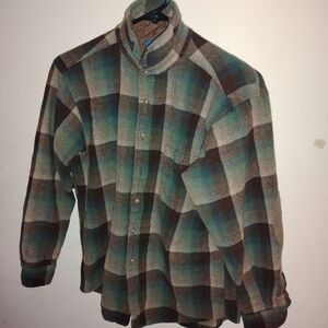 Vtg Pendleton 1960's L Shirt Virgin Wool Men Shacket Blue Beige Plaid Button USA